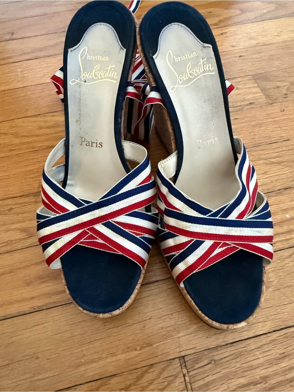 Christian Louboutin Navy Red White Striped Espadrille Gladiator Wedge Heels 38.5